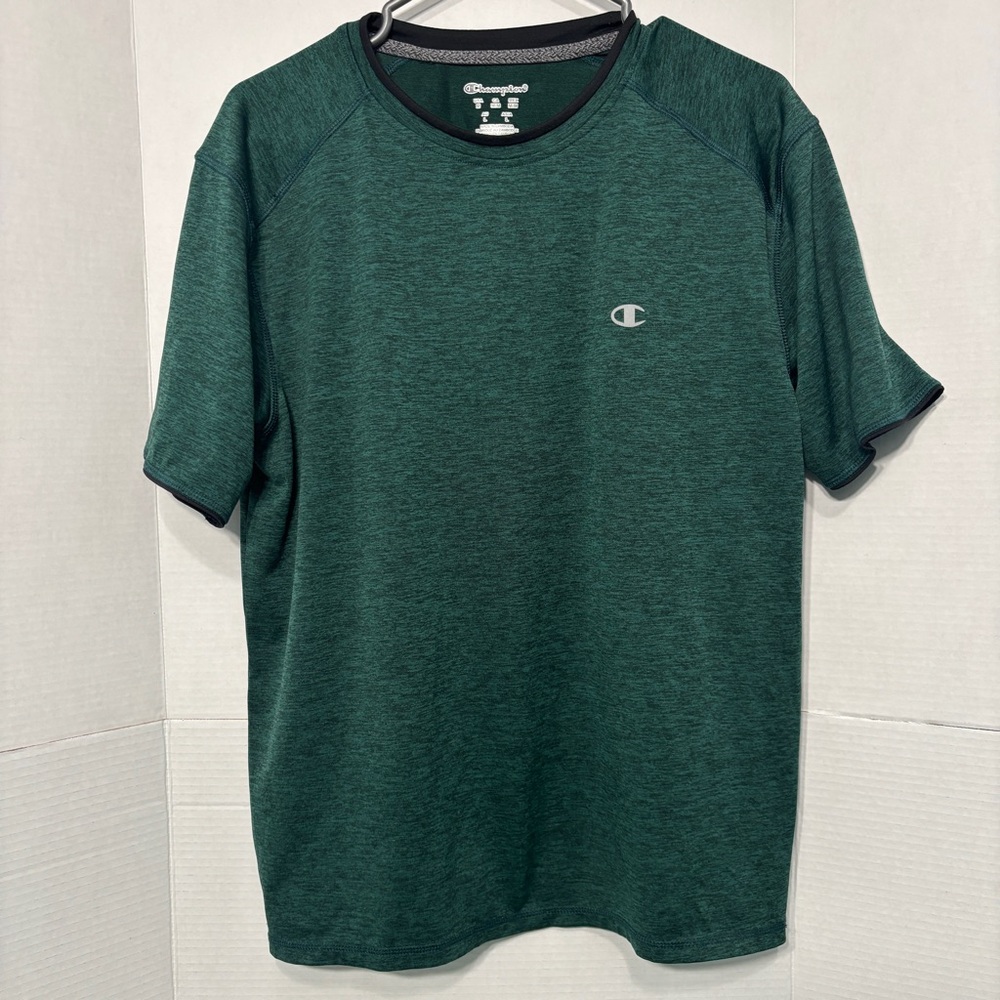 Champion Men's Dark Heathered Green Short Sleeve Tee Front Logo